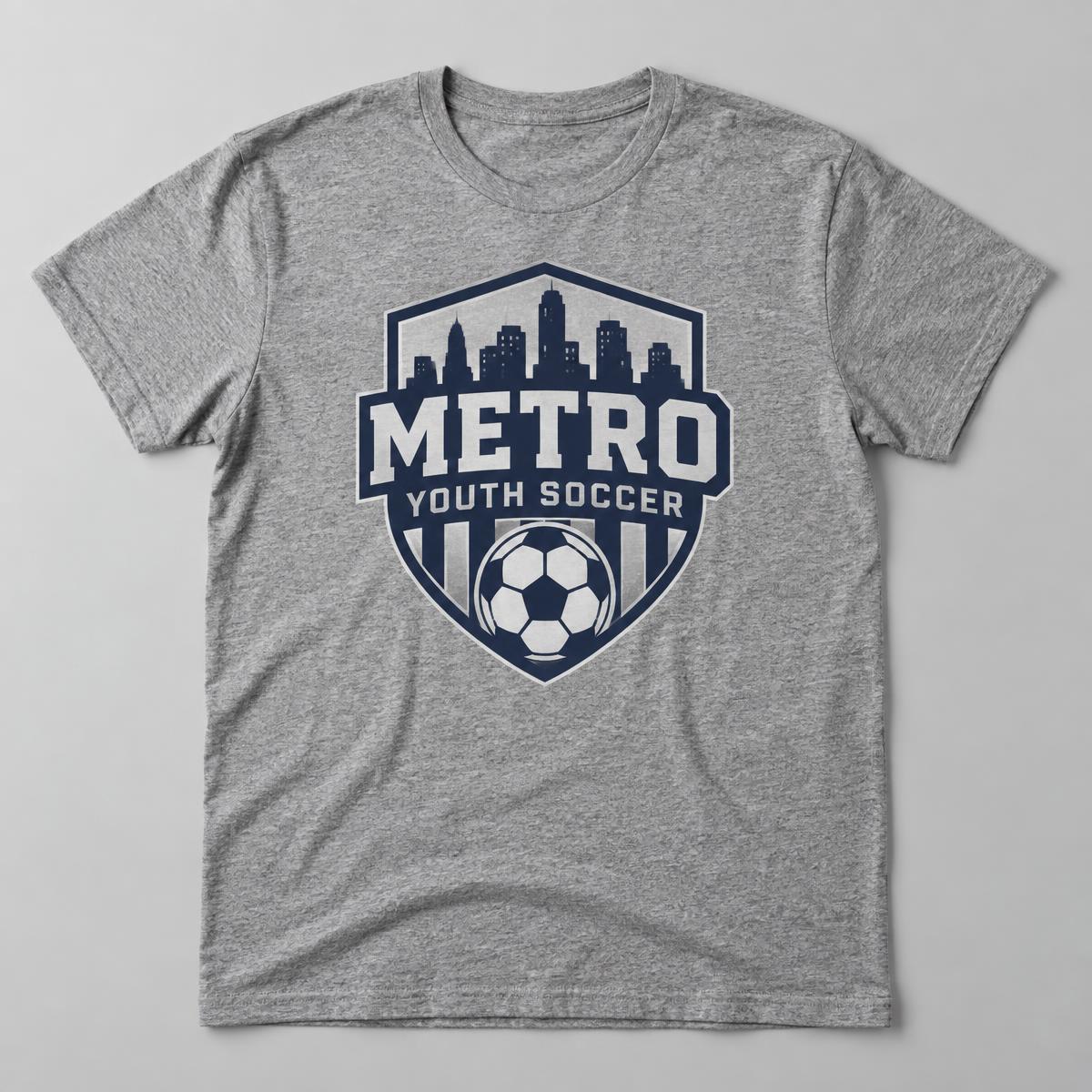 Proof mockup: heather grey tee with a two-color Metro Youth Soccer crest